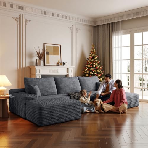 Image of Boneless Couch, Modular Sectional Couches for Living Room, U-Shaped Cloud Couch Sofa with Deep Seat, Fluffy Corduroy Upholstered Corner Sofa