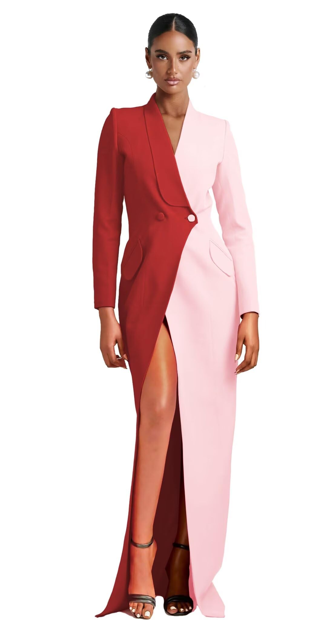 Blazer Dress for Women Sexy Patchwork Double Breasted Suit Dress Bodycon High Slit Outfits Elegant Prom Tuxedo for