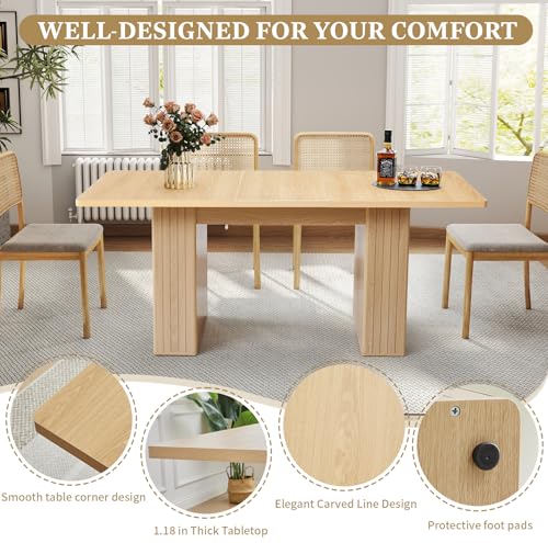 Image of 55 in-71 in Extendable Rectangular Dining Table for 4-6, Modern Farmhouse Expandable Kitchen Table with Carved Line Base, Wooden Dinner Table for Kitchen Living Room Home Office (Natural)