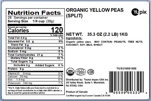 Yupik Peas, Organic Split Yellow, 2.2 lb