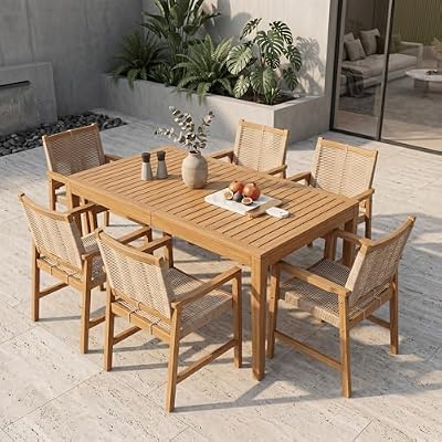 NTC Noma 63 Inch Solid Wood Dining Table and 6 Luno Chairs, Weather Resistant Patio Table for Patio Dining Sets, Backyard, Deck & Dining Room, Easy Assembly, Natural