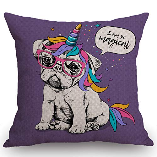 Swono SWONO-PILLOW-1344 Puppy Bulldog Unicorn Pattern Cotton Linen Throw Pillow Case,Funny French Bulldog I Am So Magical Quote Pillow Cushion Cover Home Sofa Decorative 18 X 18 Inch cover