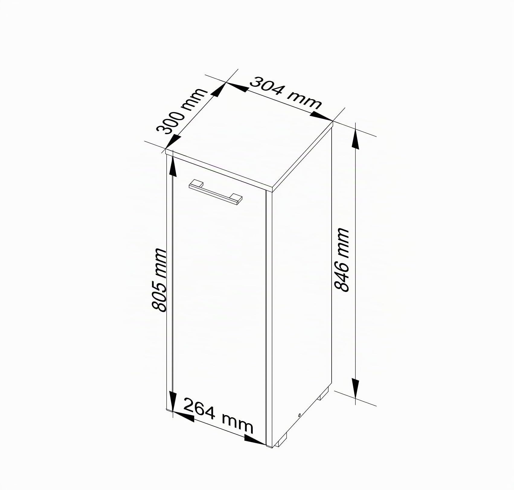 Home Collective Badezimmerschrank schmal in weiß mit 1 Tür und 2 Fächern, elegant mit silbernen Griffen, 82 cm hoch, 30cm breit und tief