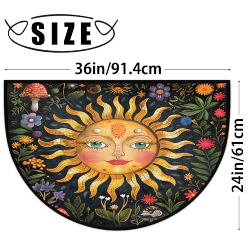 Image of Half Round Doormat Boho Flower Sun Non Slip Half Circle Area Rugs Indoor Washable Half Moon Rug Semi Circle Bathroom Runner Mat Entrance Floor Carpet for Kithen Bedroom Fireplace Decor