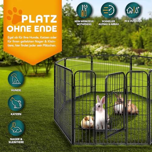 TRESKO® Welpenlaufstall 60 cm hoch mit Dach & Erdankern | Welpenauslauf 8-teilig | Hundelaufstall faltbar mit Tür | Aufbau werkzeugfrei | Tierlaufstall Hunde wetterfest