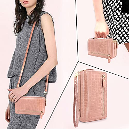 Harryshell Compatible With Iphone 8 Plus / 7 Plus / 6S Plus 5.5" Case Wallet Multi Zipper Detachable Magnetic Cover Clutch Purse Bag Card Slots Mirror Crossbody Chain Lanyard (Crocodile Rose Gold) #TOP6