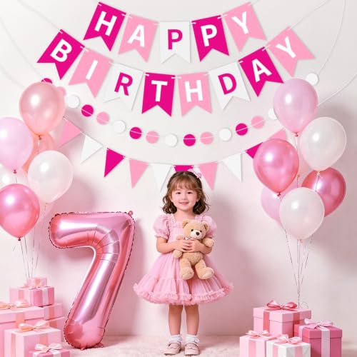 Image of Pink White Happy Birthday Banner Hanging Sign Circle Dot Triangle Bunting