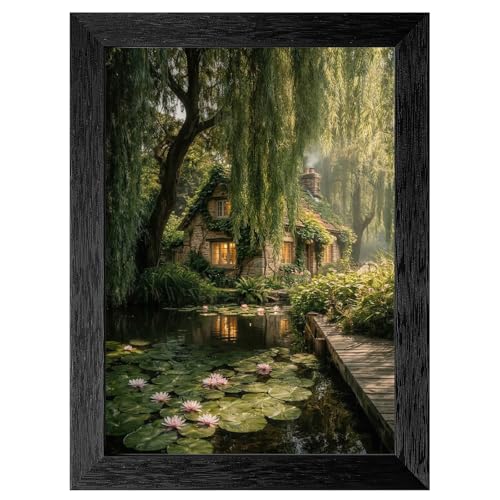 Framed Wall Art, Enchanting Stone Cottage and Weeping Willow Scene,