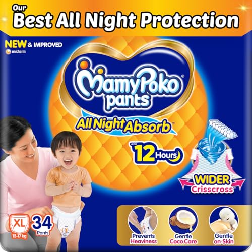 Image of Mamypoko pants All night absorb Pant Style Baby Diapers (XL)34 CountIdeal for 12-17Kgs|All night Absorption|Wider Crisscross Sheet|Gentle Coco Care12hr Leakage Protection Prevents Heaviness.