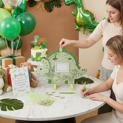 Image of Kosiz Dinosaur Baby Shower Guest Book, Green Triceratops Acrylic Guest Book Alternative with Wooden Dinosaur and Eggs for 60 Guests, Baby Shower Sign and Nursery Keepsake