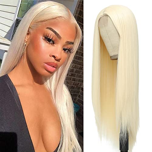 Joericor #613 Long Straight Synthetic Wig Blonde Wig for Women Middle Part lace wigs Pre Plucked Natural Hairline Daily Party Cosplay Wig Heat Resistant Fiber 28"