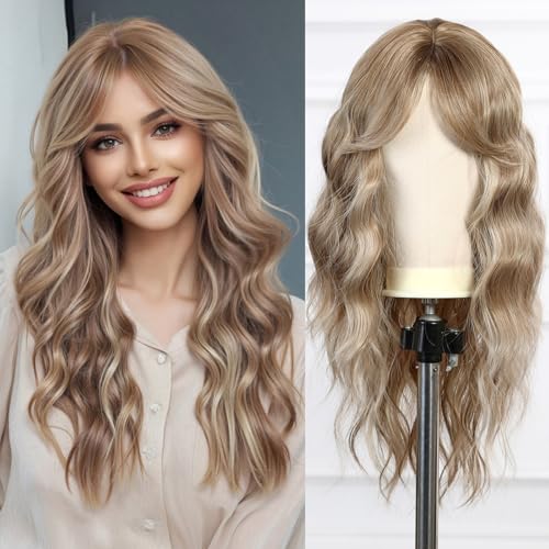 Esmee Peluca Rubio Ceniza de Ondulado Larga para Mujer con Flequillo Cortina Pelucas de Pelo Sintético Natural para Uso Diario en Fiestas