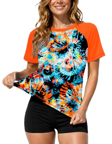 Image of AOBUTE Women Short Sleeve Rash Guard Gradient Sun Protection Swim Shirts