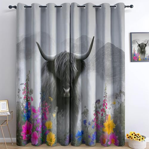 Animales Ganado De Las Tierras Altas Flores Cortinas de Regalo para Nueva Casa 140 x 300 cm Gris – Cortinas Opacas Elegantes y Prácticas, Set de 2 Paneles Ideal para Bodas, Cumpleaños o Mudanzas