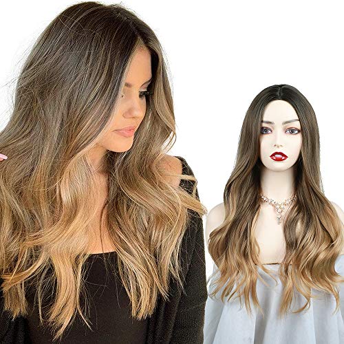 FORCUTEU Long Wavy Synthetic Wig Heat Resistant Middle Parting Black to Light Brown Wig omber Replacement Wig for Women Daily Wear 24 Inches