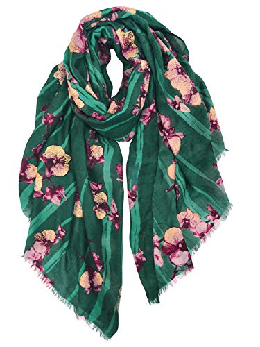 GERINLY Flower Stripes Cotton Scarf Spring Chic Wrap for Fashion Women Metallic Printed Shawls (Teal Green)