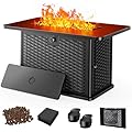 AMADA HOMEFURNISHING 43 Inch Propane Fire Pit Table, 60,000 BTU Gas Fire Pit with Lava Rocks, Waterproof Cover, Removable Lid, Cup Holders, 2-in-1 Fire Table for Patio, Backyard, Garden, Black