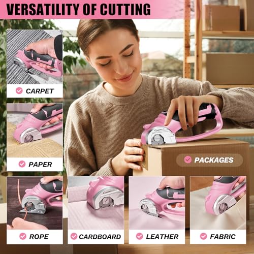 Image of SakerPlus Cordless Electric Scissors,4V Rechargeable Cardboard Box Cutter Heavy Duty Fabric Scissor with Safety Lock & LED Light,Power Rotary Cutter for Leather Carpet Plastic Cutting,Sewing,Crafting