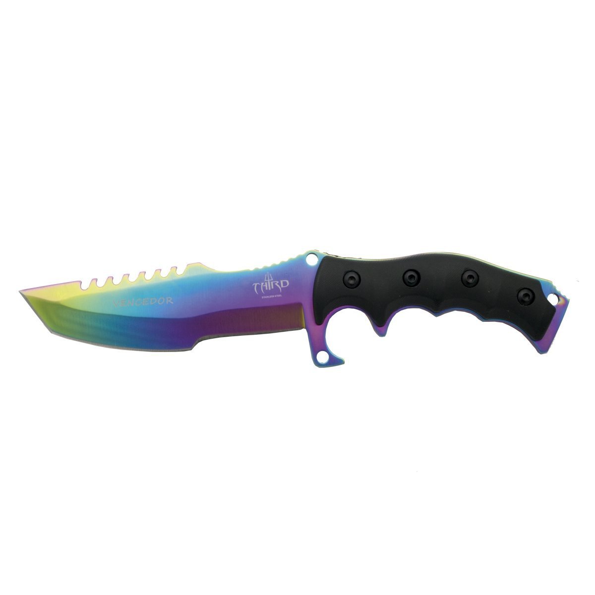 THIRD Tactical Fixed Blade Knife Winner 15622W with 15 cm Steel Blade Coated in Titanium Rainbow matt, Black G10 Handle, with Nylon Sheath. Magnesium Lighter.