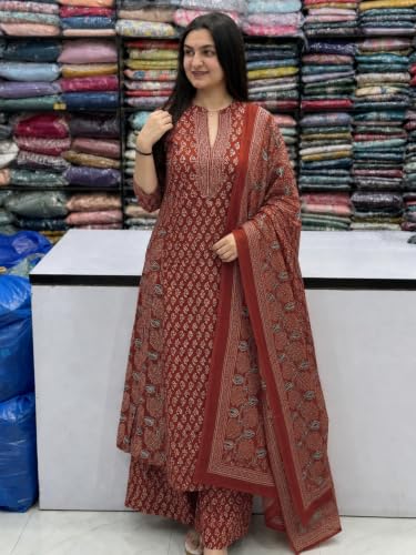 Image of GoSriKi Kurta Sets for Women Viscose Blend Printed | Kurti Set for Woman | Kurta Palazzo Dupatta Set | A Line Kurti | Mandarin Collar 3 /4 Sleeve Suit Set for Women Stylish Ethnic Outfit