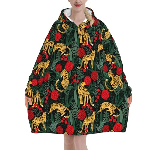 Sweat à capuche couverture léopard et roses, plaid géant à manches unisexe