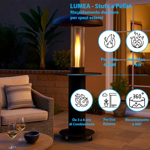 Tempo Style - Stufa A Pellet Da Esterno Lumea | Riscaldamento A 360° Fino A 6 Ore Potenza Regolabile 4,6-7 Kw | Design Moderno Con Ruote | Include Guanti, Spazzola E Powerbank - 4