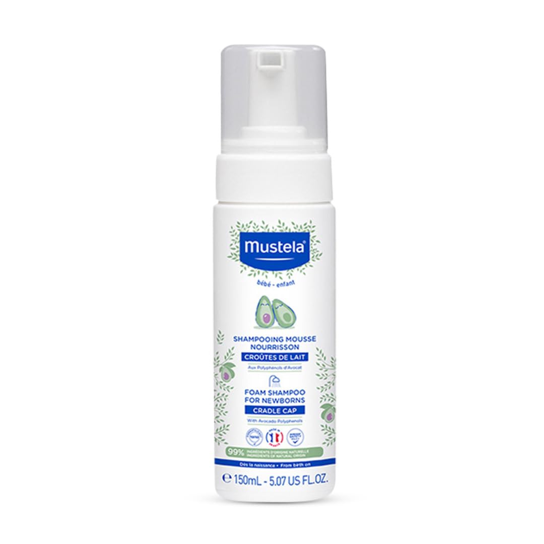 Mustela Cradle Cap Foam Shampoo for Newborn - Baby Shampoo with Natural Avocado - Tear-Free & Fragrance-Free - 150ml