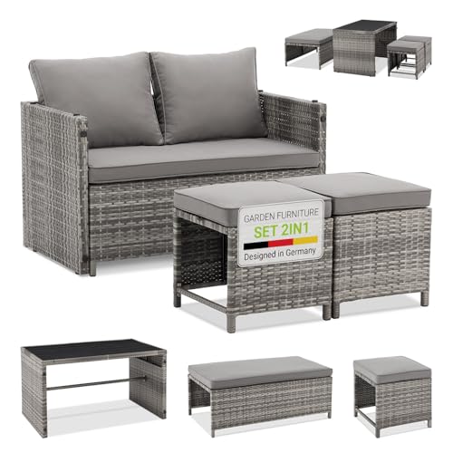 Juskys Ensemble mobilier de Jardin 2 en 1 en polyrotin Jamaika - Table, canapé Lounge - Salon de Balcon ou d’extérieur Gris chiné