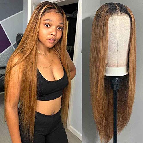 WIWIWIG Honey Blonde Ombre Hair Wig, Long Silky Straight Brown Wig with Dark Black Roots Small Lace Wig Synthetic Heat Resistant Fiber Hair for Black Women (Ombre Brown Color)