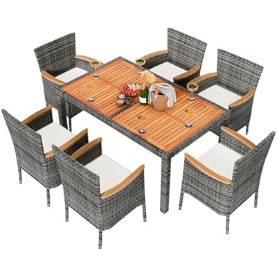 Shintenchi 7 Pieces Patio Dining Set, Wicker Patio Conversation Set with Wooden Table Top, Outdoor Table and Chairs with Soft Cushions for Backyard, Deck and Garden, Grey Rattan