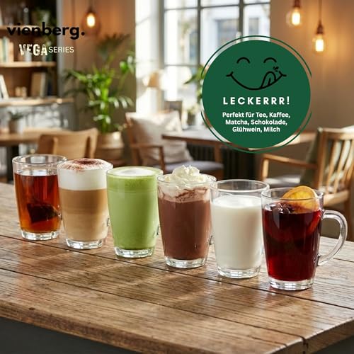 vienberg Vega Teegläser mit Henkel 18er Kombo Set 250/300/400 ml – Robuste Kaffeegläser & Glühweingläser – Spülmaschinenfest & Hitzebeständig - Glastassen für Tee, Kakao & Cappuccino