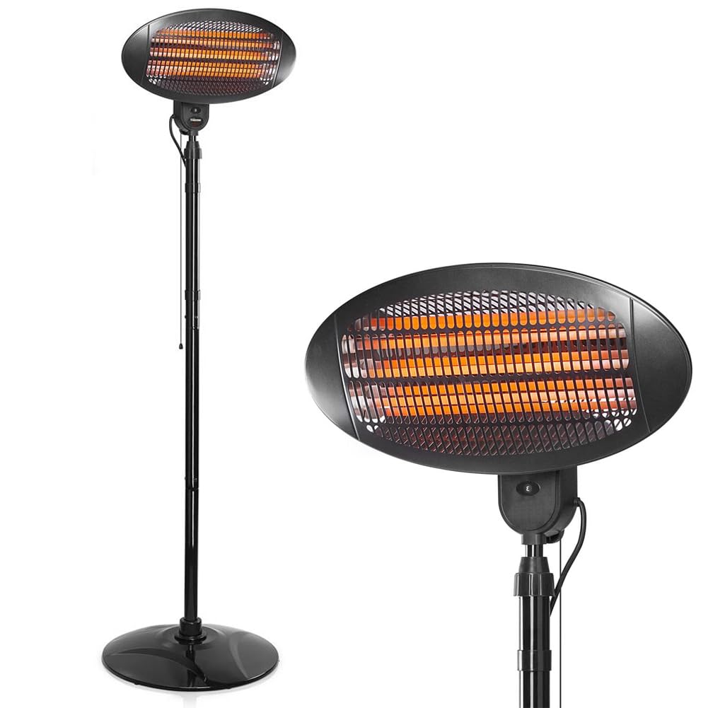 BAKAJI Stufa da Esterno al Quarzo Infrarossi per Patio Gazebo Fissaggio a Parete o Piantana da Terra Altezza 210 cm Regolabile Fungo da Esterno Termostato regolabile Potenza Massima 2000W