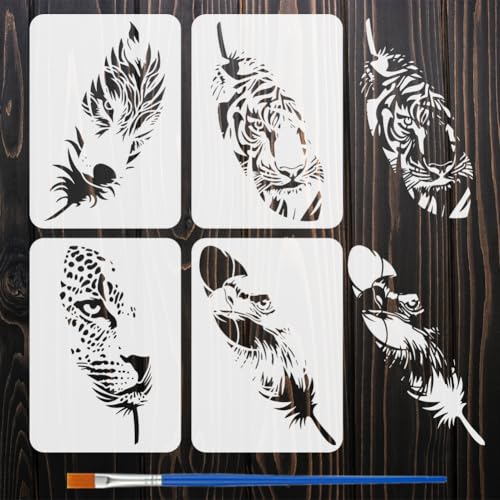 FINGERINSPIRE 4Pcs Pochoir de Peinture à Motif Animal en Forme de Plume Avec Pinceau Pochoirs Décoratifs en Plastique pour Visage D'Animal à Plumes...