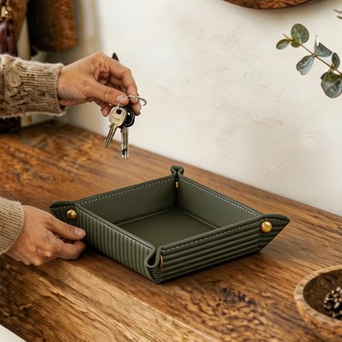 Image of YAPISHI Light Luxury Valet Tray for Men, PU Leather Vanity Jewelry Tray & Decorative Perfume Catchall, Folding Travel EDC Dump Tray, Nightstand Organizer Caddy for Keys, Watches, Coin Bowl Dish