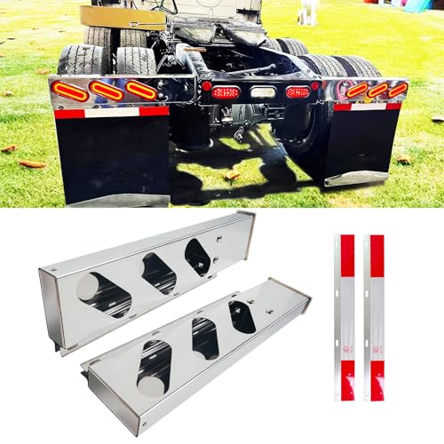Image of 2.5 inch Bolt Spacing 30 inch Length Stainless Steel Mud Flap Hangers Brackets Holder with Aluminum Reflective Tapes and Oval Light Cutouts Fit for Semi Trucks Trailers, 2 Pack