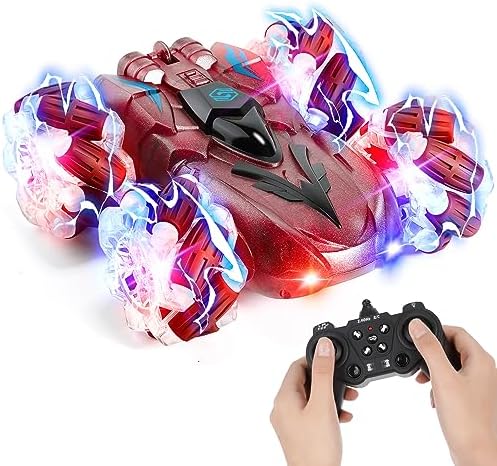 Remote Control Car, Rechargeable Double Sided Driving Stunt RC Car with LED Lights, 2.4Hz Indoor/Outdoor All Terrain Electric Toy Cars Gifts for Kids (Red)