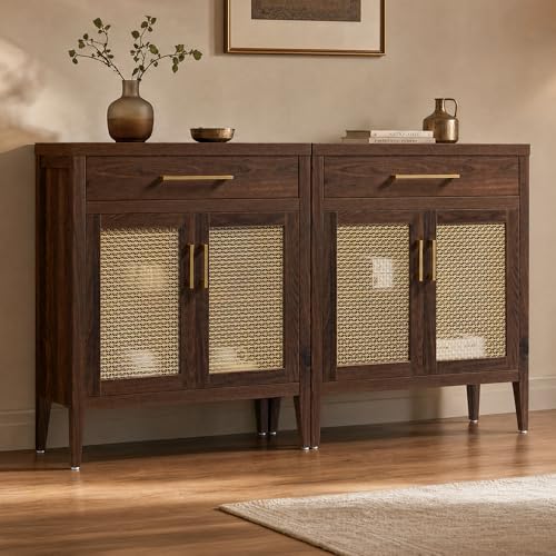 SICOTAS 60" Farmhouse Buffet Cabinet with Metal Mesh Doors, Modern Sideboard Credenza with Drawers, Elegant Coffee Bar Console Table for Living Room Entryway, Espresso Walnut