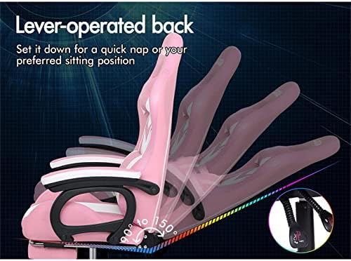 ELFORDSON Gaming Chair with RGB LED Light, 8-Point Massage Computer Office Chair with Lumbar Support Footrest 82cm High Back 150° Recliner, Pink & White
