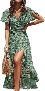 Simplee Women's V Neck Wrap Floral Print Split Belted Flowy Boho Short Sleeve