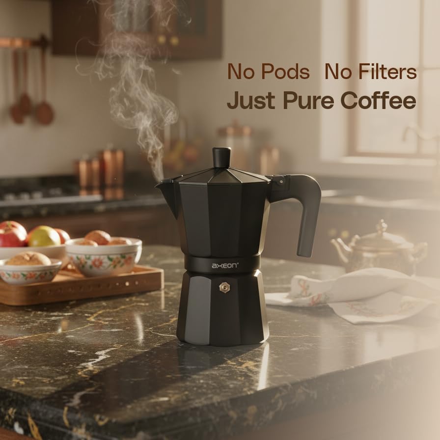 Image of AXEON Classic Moka Pot 240ml Espresso Coffee Maker | Italian Style Mocha & Cuban Cafe Brewer | Gas Stovetop Compatible | Food-Grade Aluminum with Cool Touch Handle | Brews 4-6 Cups, Black