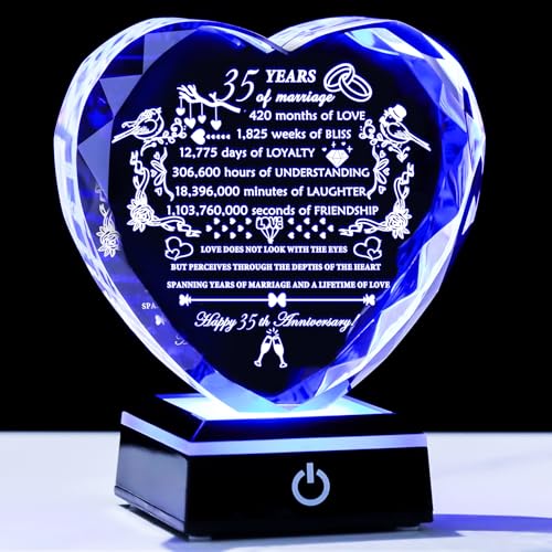 YWHL 35th Wedding Anniversary Crystal Gifts with LED Base Laser Engraved 35th Anniversary Heart Keepsake Gift for Couples Parents Romantic 35 Years of Anniversary Marriage Gifts for Wife Husband