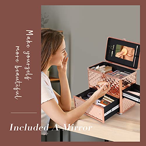 Makeup Train Case Professional Makeup Organizer Case With Drawer Mirror Extra Large Makeup Manicure Accessory With Dividers Travel Cosmetic Case For Cosmetologist Nail Tech Kits Makeup Case Rose Gold #TOP7