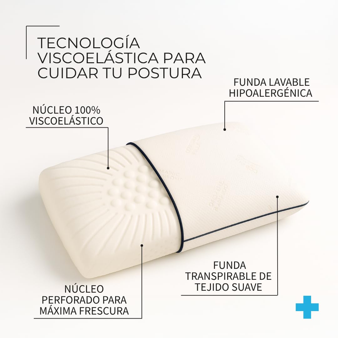 Almohada Viscoelástica Alta 100% Pura, Dolor Cervical, Personas Corpulentas, 90x33x18 cm