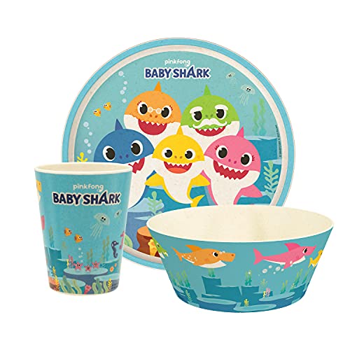 Image of Zak Designs Baby Shark Dinnerware Set for Kids Includes 8 inch Plate, 6 inch Bowl, and 10oz Tumbler, Durable and Sustainable Melamine Bamboo Material (3-Piece Set)