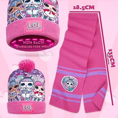L.O.L. Surprise! Hat Scarf and Gloves Set, Fine knit Warm Bobble Hat, LOL Dolls Winter Hats For Kids with Kitty Queen, Queen Bee, Hops and Unicorn Gifts For Girls