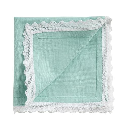 Image of FINGERCRAFT Cloth Napkins Set of 12 (12x12 Inch) - Cotton Linen Blend Dinner Napkins with Trim Lace Edge & Mitered Corners, Reusable Farmhouse Table Napkins for Wedding, Party & Daily Dining (Aqua)