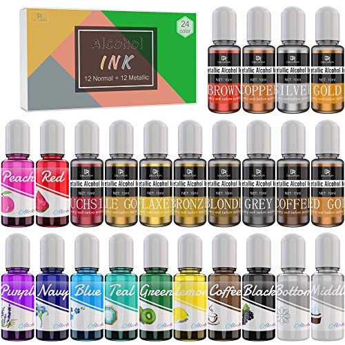 24 Alcohol Ink - 12 Colores Metal con 12 Colores Vibrantes Tinta Alcohol para Pintura de Resina Epoxi, Fabricación de Placas Petri Resina - Tinte de Color de Pintura Alcohol para Arte de Resina DIY Cover