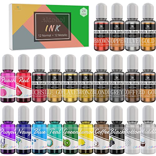 24 Alkohol Tinte Set - 12 Metall Farben mit 12 Lebendig Farben Alkohol Ink für Epoxidharz, Petrischalen Herstellung, Malen - Konzentrierter Alkoholtinte Harztinte Farben für Harz Kunst, DIY Malerei