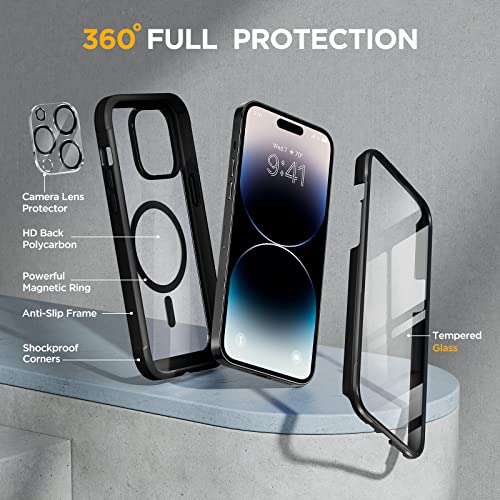 Image of Miracase Glass Series Designed for iPhone 14 Pro Max Case 6.7 Inch, Upgrade Full-Body Magnetic Case with Built-in 9H Tempered Glass Screen Protector, with Camera Lens Protector, Magnetic Black