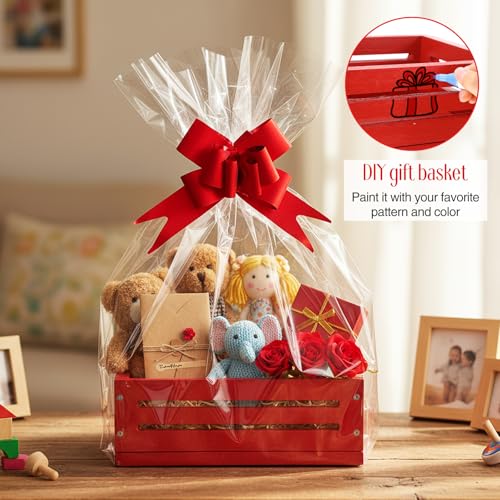 Image of Wonderjune Wooden Baskets for Back to School Gifts Empty Wood Basket with Cellophane Bag Ribbon Greeting Card for Birthday Baby Shower Wedding Housewarming Gifts Packaging(Red,Small)